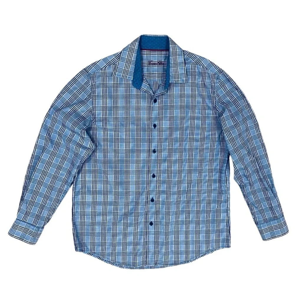 Tasso Elba Blue Plaid Buttons Down Long Sleeve Flip Cuff Sz M (15-151/2) Shirt